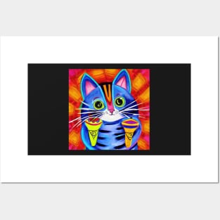 Blue Spanish Cat Playing Maracas Music, Colorful Mexican folk art painting Posters and Art